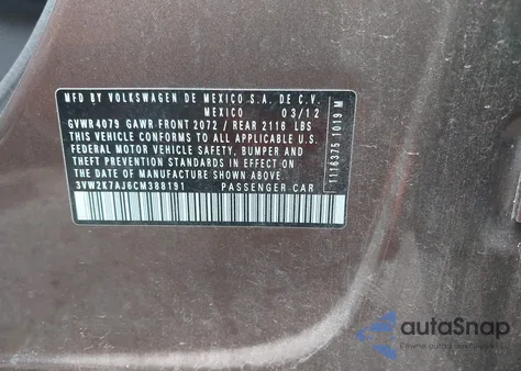 2012 Volkswagen Jetta 2.0L S из США, поврежденный, VIN 3VW2K7AJ6CM388191